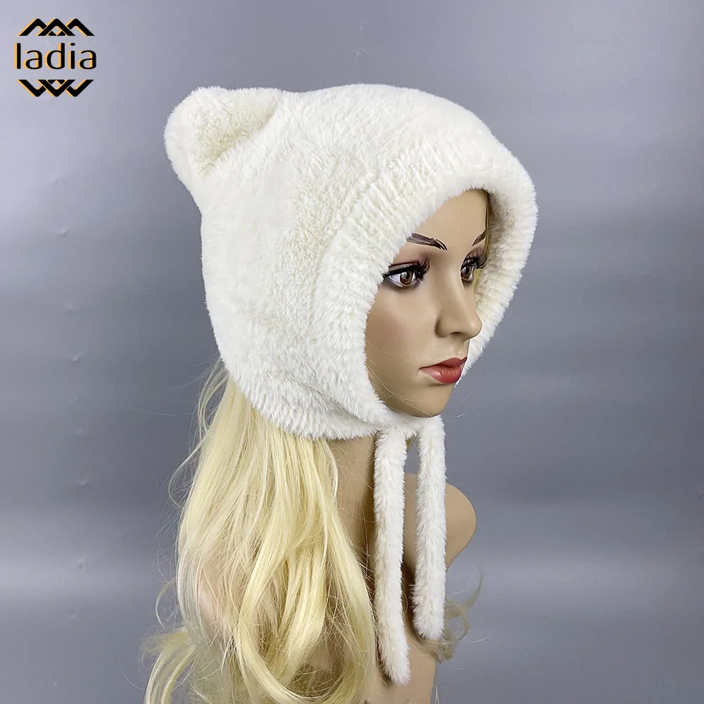 2024 New Winter Warm Earmuffs Cute Little Bear Short Tail Pilot Hat Faux Rabbit Fur Thickened Fluffy With Ear Flap For Women Cap