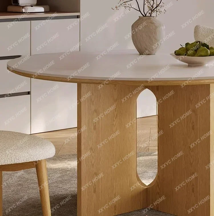 Round solid wood dining table household log white slate