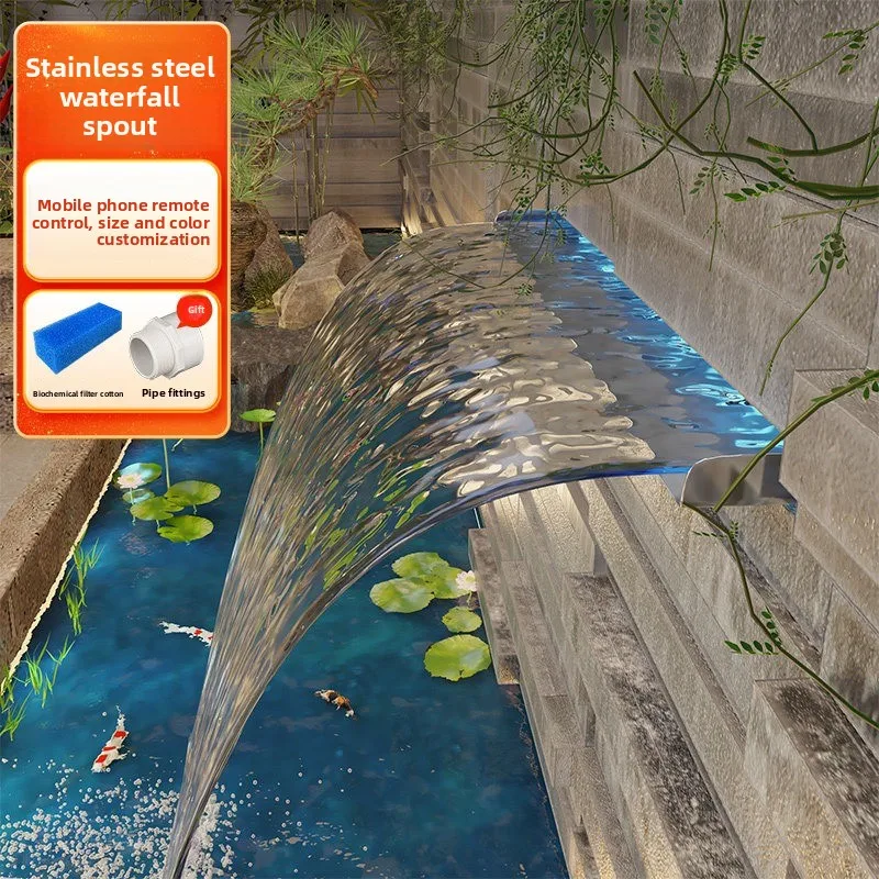 Add colorful lights, stainless steel waterfall water outlet, courtyard, fish pond, running water wall, water curtain wall