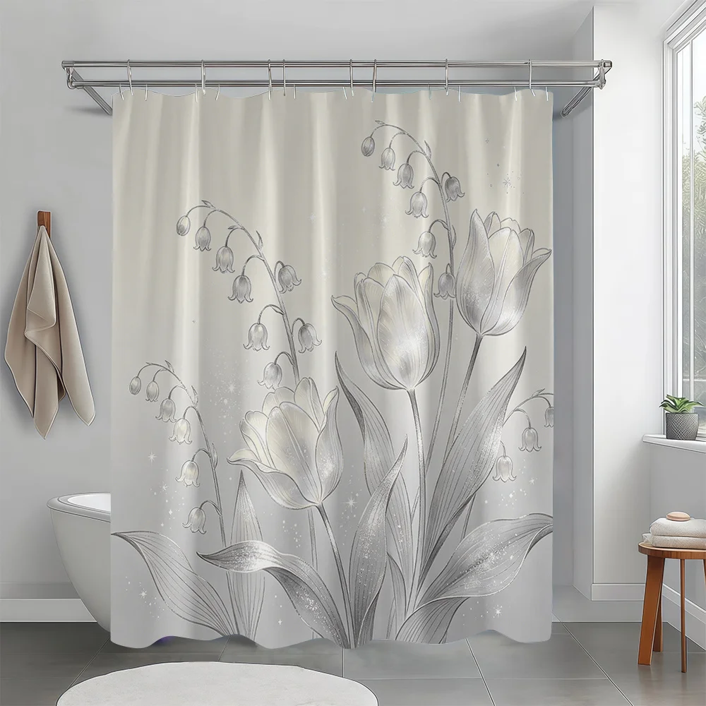 Elegant Botanical Floral Shower Curtain Polyester Waterproof Bathroom Decor Artistic Tulip Pattern Curtain Liner Home Accent