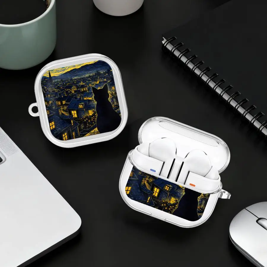 Clear Earphone Cases Cover With Hook Case For Samsung Galaxy Buds 2 4Pro Live 3Pro 2Pro 3 FE 4 Pro Starry Night Black Cat Art