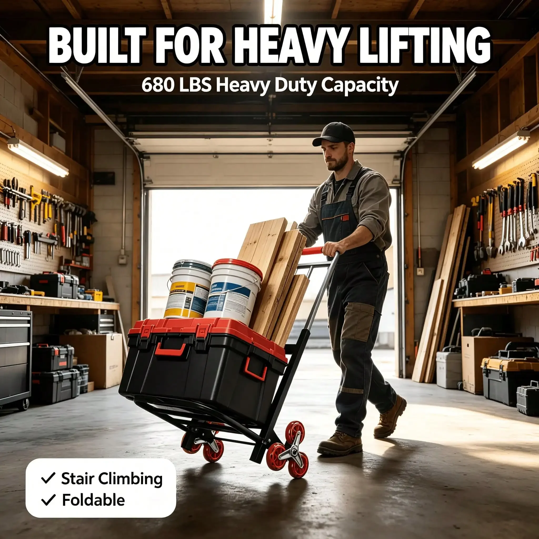 Heavy-Duty Stair-Climbing Handcart, With A Maximum Load Capacity Of 680 Lbs, This Foldable, Multi-Functional Flatbed Pallet Truck Features A Telescopic Handle, A 28mm Thickened And Reinforced Steel Frame, All-Terrain Wheels