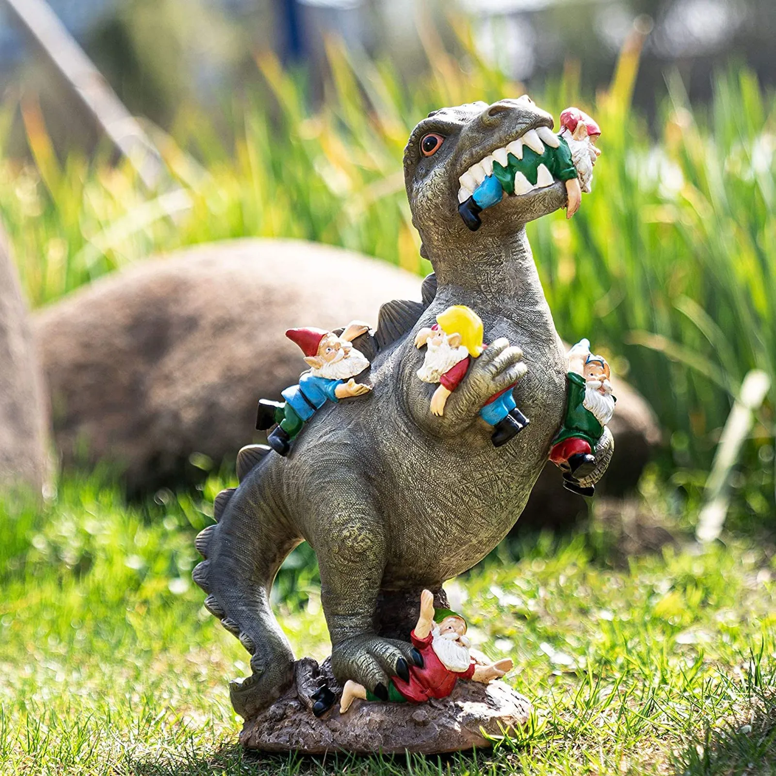 Psotny ogród dinozaura jedzący posąg gnoma figurka z żywicy najlepsze dekoracja do wodoodpornego akcesoria domowe na zewnątrz domu