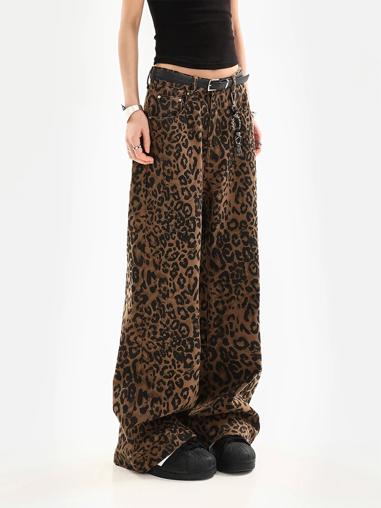 Jeans feminino retrô com estampa leopardo reto, calça feminina vintage, calças largas largas largas largas, streetwear, estilo de rua