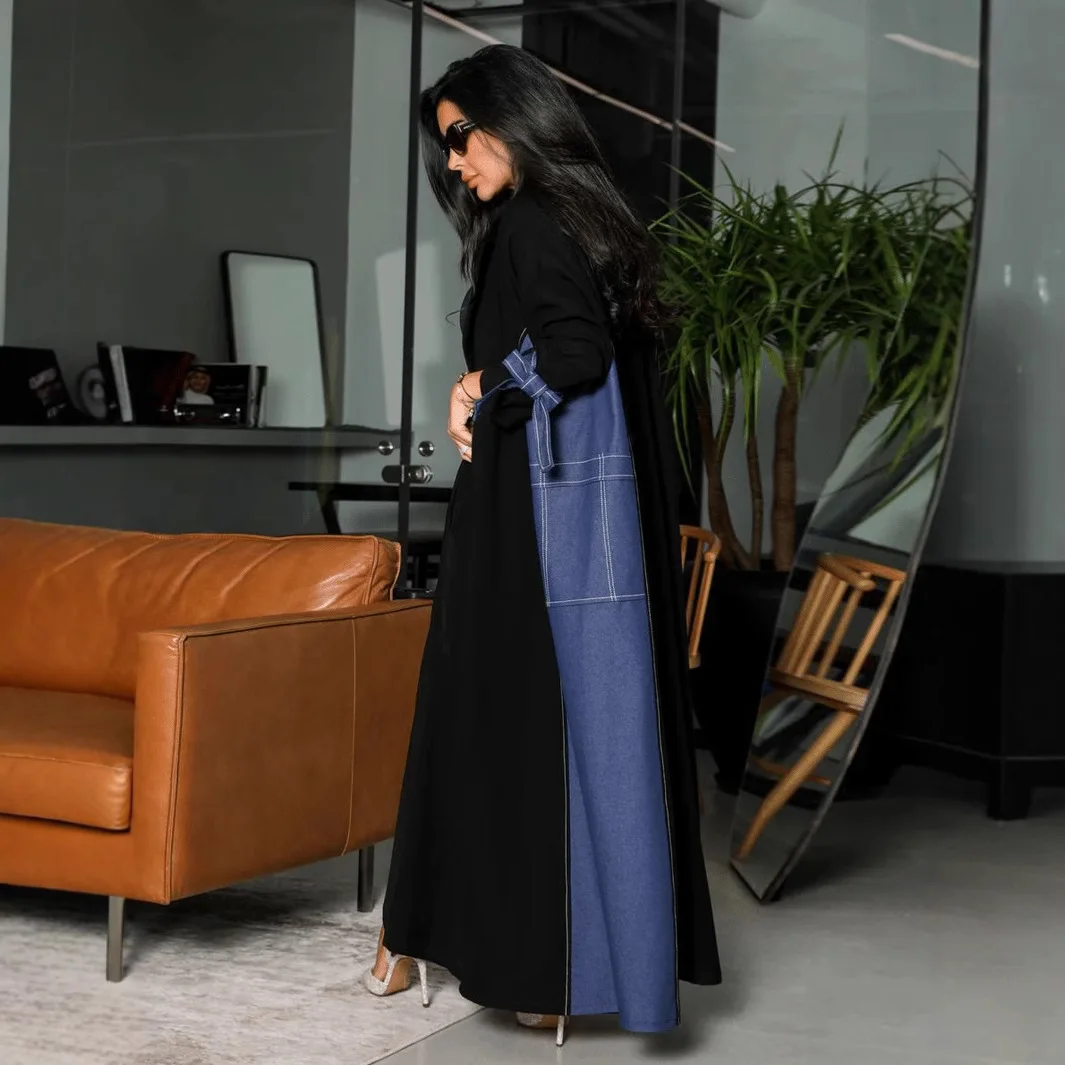 

Ramadan Color Block Denim Look Abaya with Bow Sleeve Open Front Modest Kaftan Robe Dress