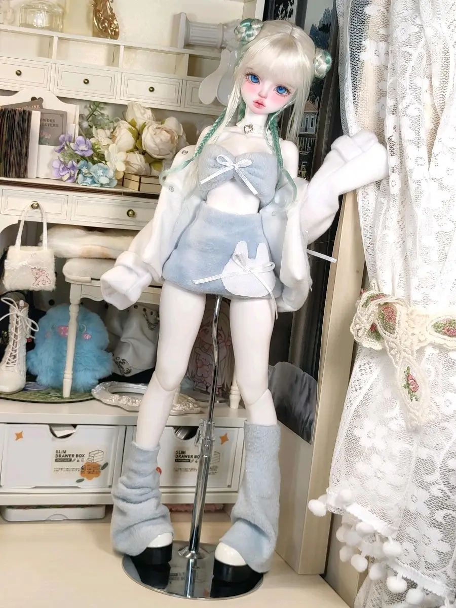

bjd doll clothes fit into 1/4 size light blue thick coat with bare legs set doll accessories
