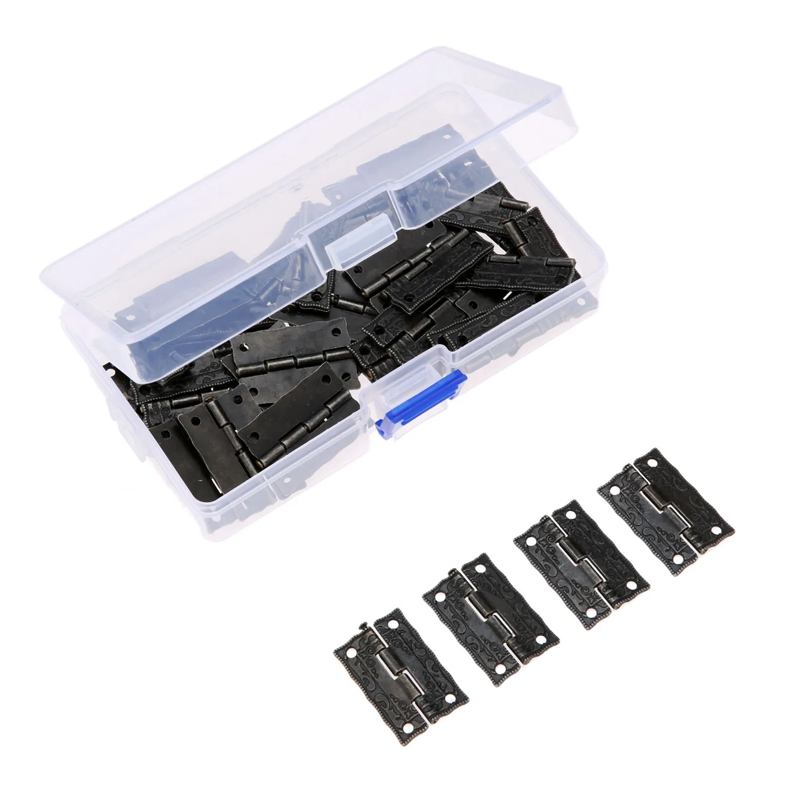60Pcs 35*23mm Iron Furniture Hinges with Storage Box & 240Pcs Screws Mini Decorative Hinge for Jewelry Wood Boxes Cabinet Door