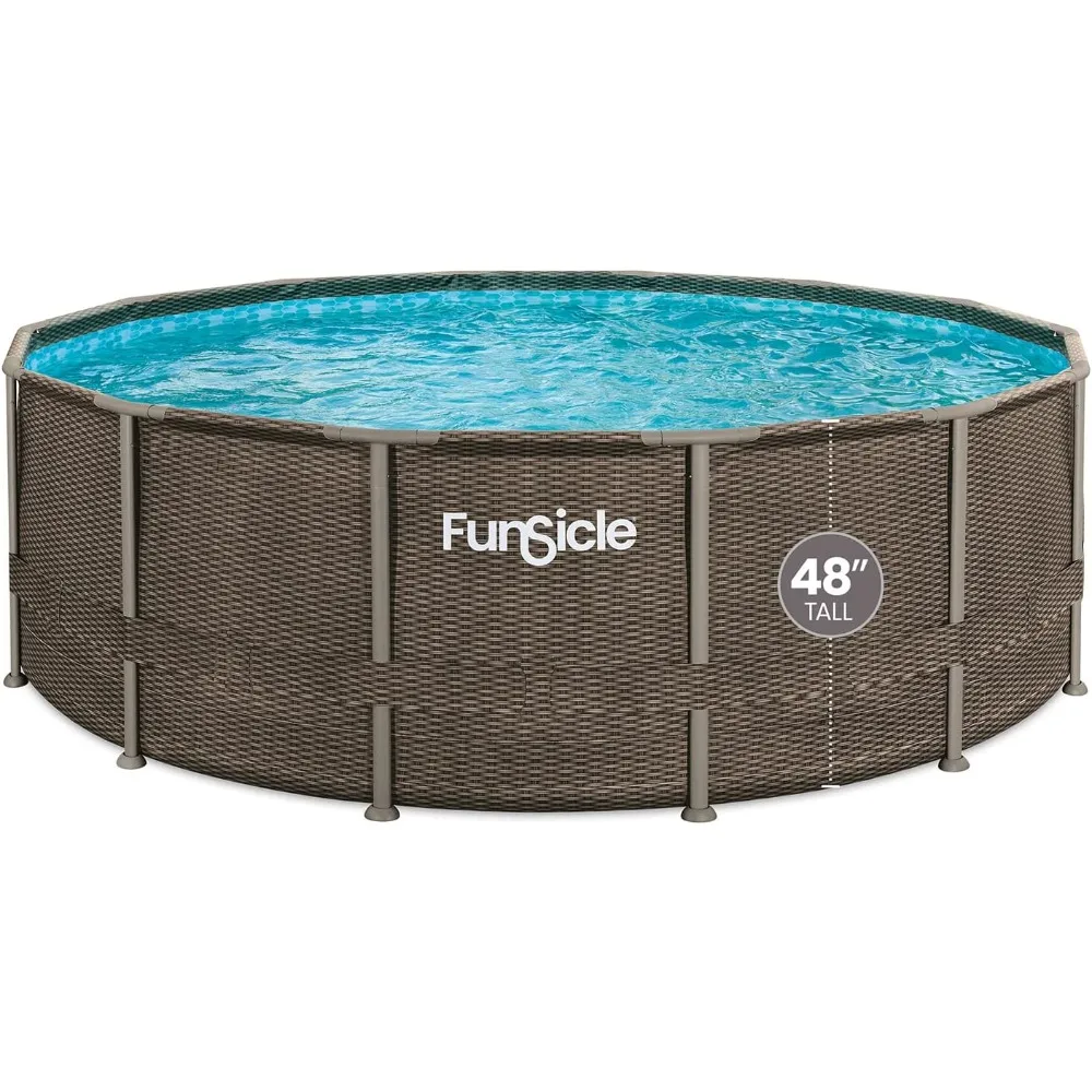 

14ft x 48in Round Oasis Designer Above Ground Pool, Dark Double Rattan with SkimmerPlus Filter Pump & Ladder