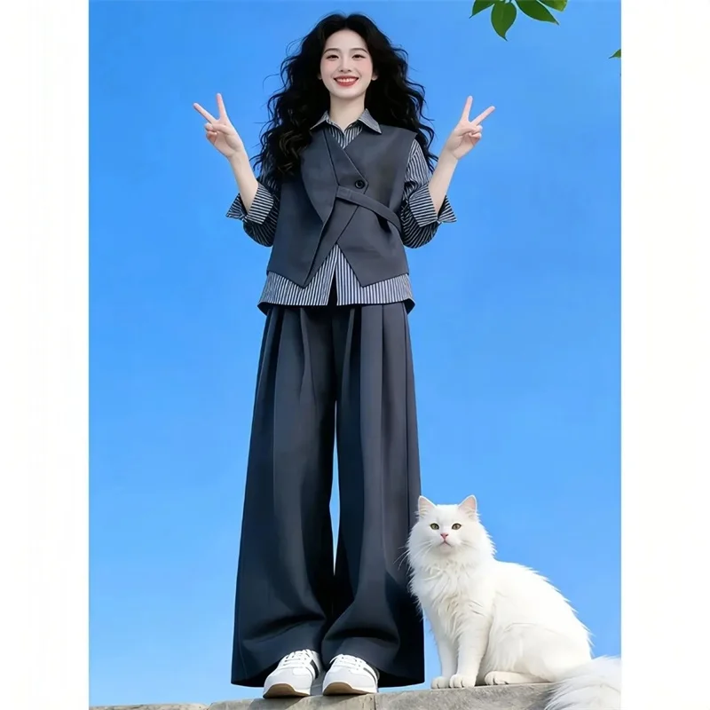 Female Irregular Vest Shirt Suit Korean Lady Fashion Striped Tops Pants 3PCS Spring Women Long Sleeved Pantalons Three Piece Set