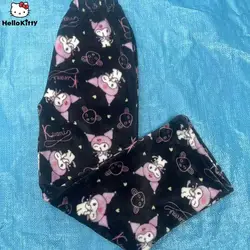 Sanrio Cute Cartoon Hello Kitty Kuromi Plush Warm Pajama Pants For Women In Autumn & Winter, Plush Insulation, Casual Home Pants