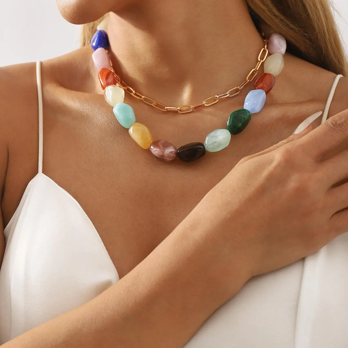 Summer Dopamine Resin Beaded Necklace Design Sense Niche Color Hand-stacked Choker