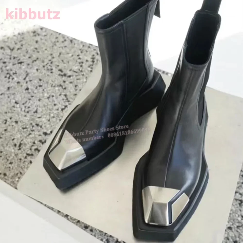 Ankle Biker Boots Thick Sole Metal Square Toe Leather Solid Color Black Slip-On British Style Fashion Novelty Elegant Sexy Shoes