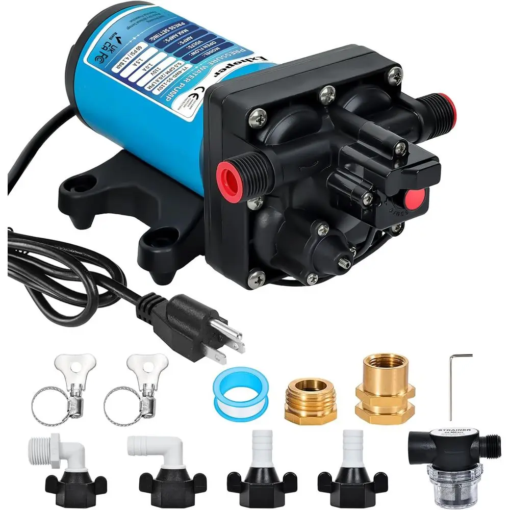 

Насос пресной воды переменного тока 115 В — 5,5 галлонов на минуту, 60 фунтов на квадратный дюйм, прочный 4-камерный самовсасывающий мембранный насос с переключателем давления