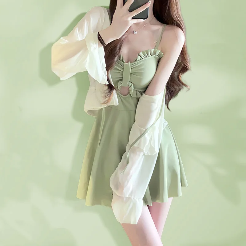 Women's 2 Piece Swim Set, Light Green Ruffled Cutout Skirted Swimsuit With Sheer Long Sleeve Cover Up For Summer Beach Holiday