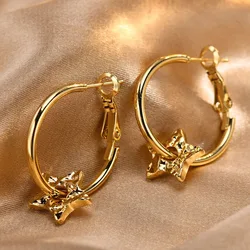 Trendy Stainless Steel Star Pendant Hoop Earrings for Women Girls, Gold Plated Pentagram Geometric Buckle Ear Jewelry To Her