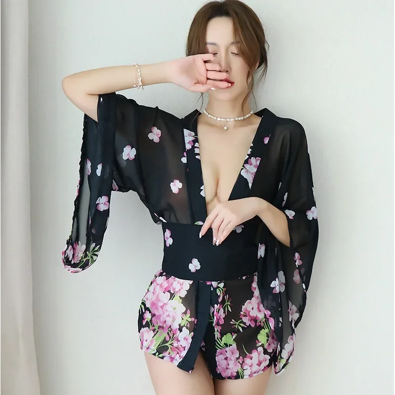 Top Fashion Sexy Women Nightgown Fun Lingerie Night Wears Printing Japanese Kimono Retro Pajama Set Loudspeaker Sleeve Home Wear