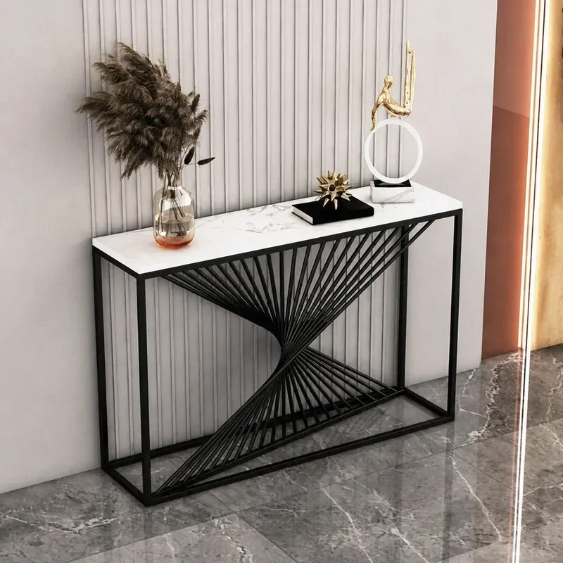 Nordic Gold Marble Console Table with LED Strip Light Luxury Simple Entryway Hallway Corridor Iron Frame Decorative Side