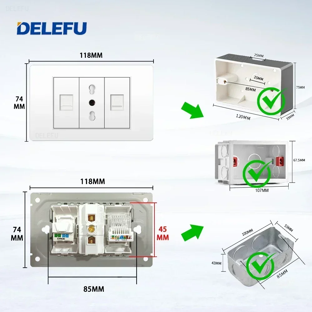 DELEFU White PC fireproof panel Italian Standard 118*74mm TEL CAT5E CAT6 TV satellite wall socket