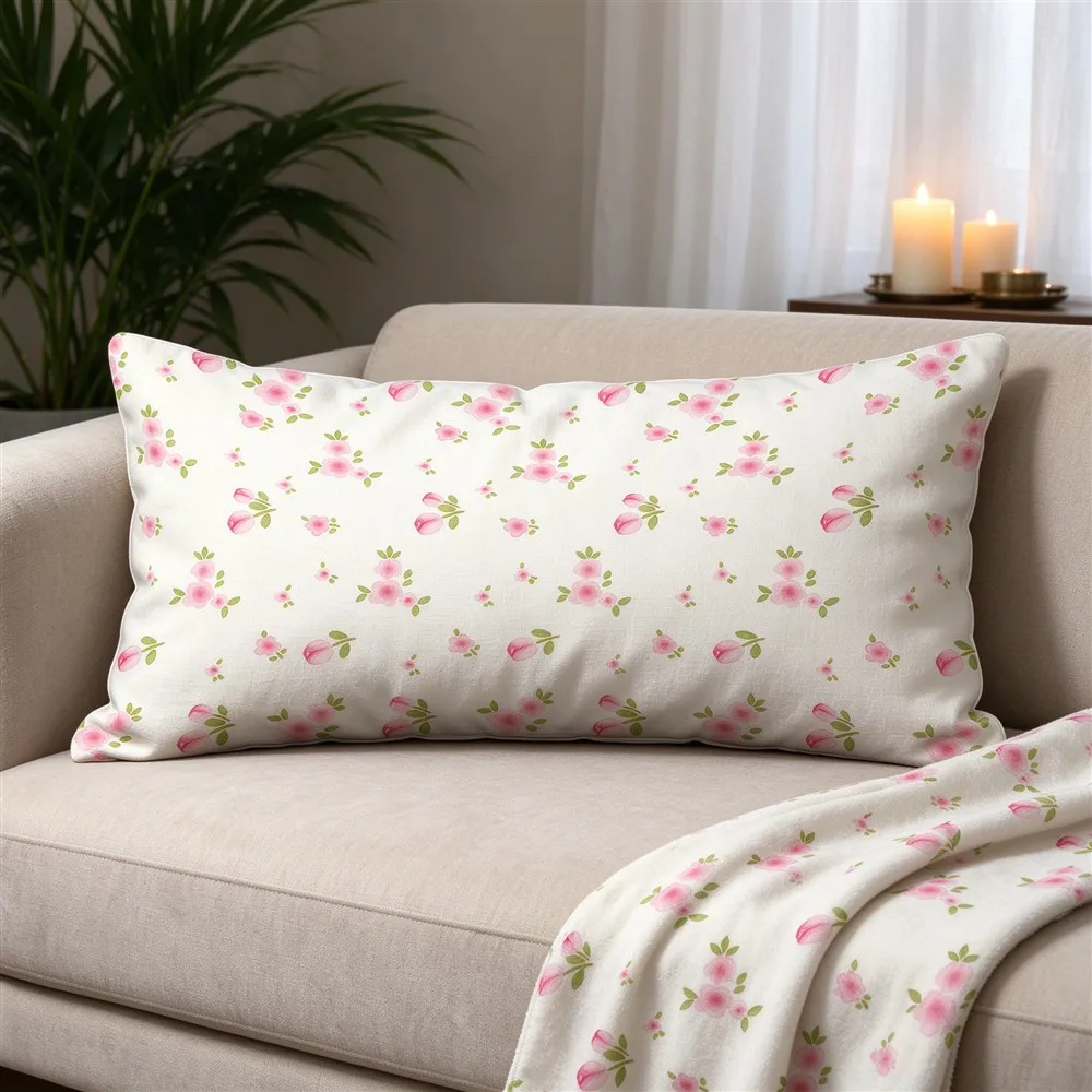 White Blush Delicate Ditsy Print Long Pillow Cover, Delicate Style, Spa Decorative, Polyester, Sofa Decor, Lightweight
