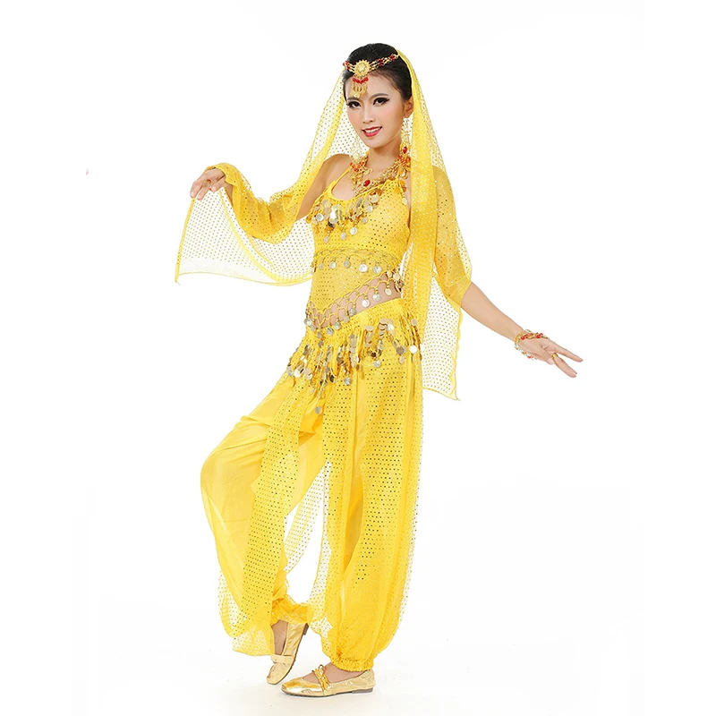 Ladies Belly Dance Costumes Women Bollywood India Arabian Stage Coins Lace-up Back Top Harem Pants Halloween Costume Cosplay