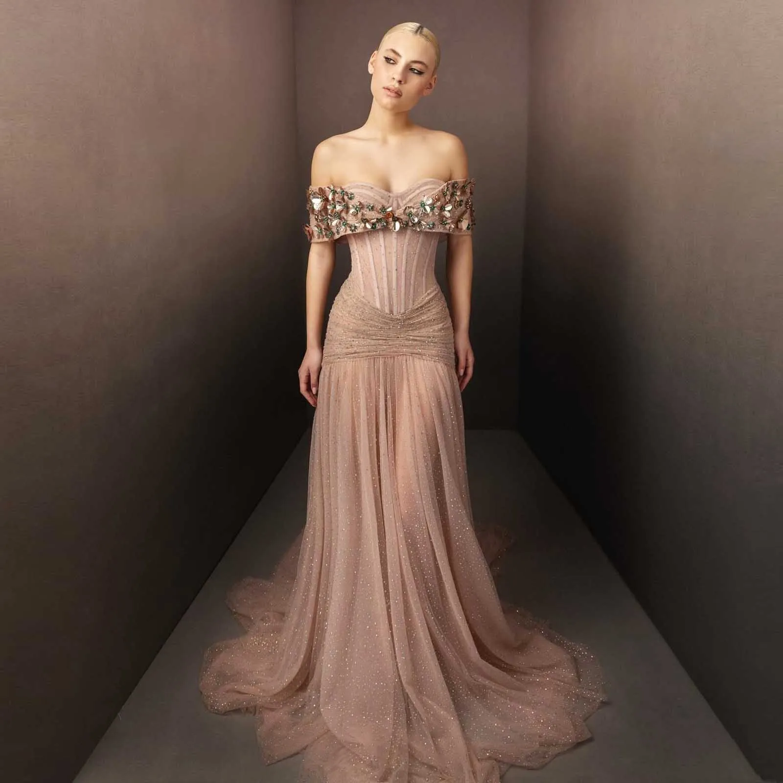 Glitter Tule Lange Avondjurken 2023 Nieuwe Vestidos De Fiesta Kristallen Off Schouder Illusion Zachte Tule Bruiloft Jurk