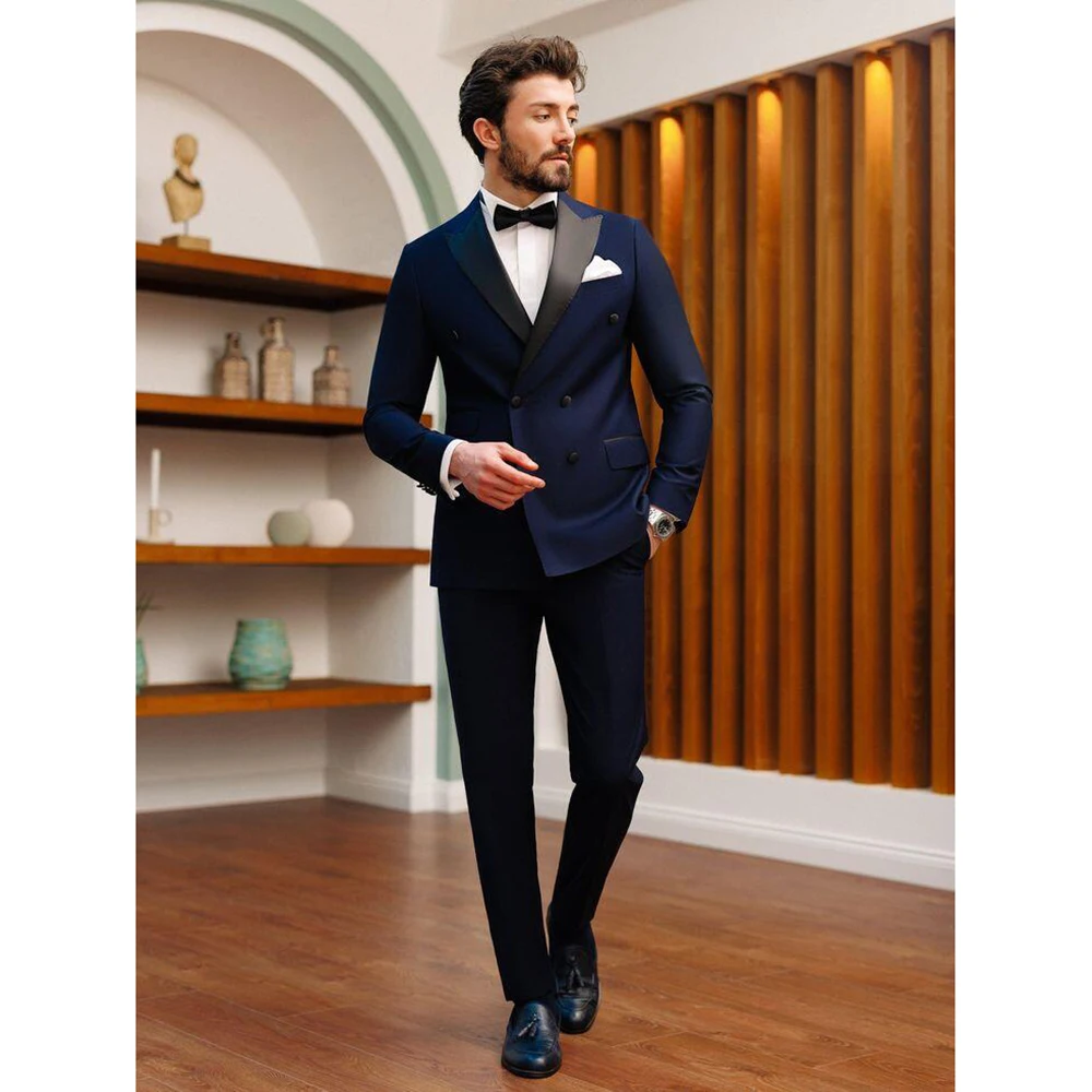 

Navy Blue Double Breasted Men Suits 2 Pieces Blazer+Pants Handsome Slim Celebrity Wedding Formal Work Causal Tailored Set