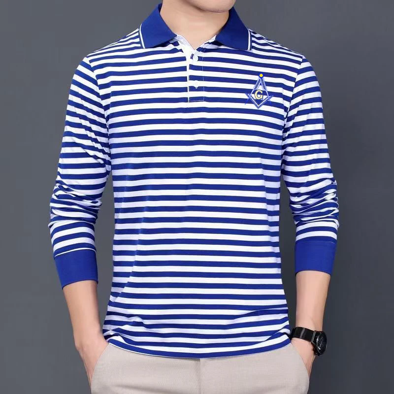 Fashion Freemason Symbol Emblem Masonic Stripes Polo Shirts New 100% Cotton Long Sleeve Sailor Striped T-Shirt Mens Mason Tee