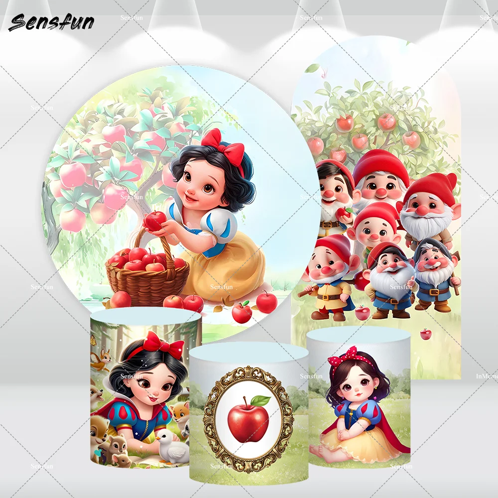 Snow White Princess Girls Round Arch Backdrop Children Birthday Party Decor Photo Background Red Poison apple Cylinder Cover