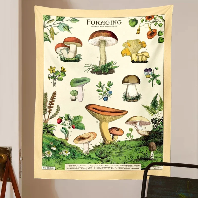 Foraging plants and mushrooms Tapestry Retro Poster Flower Mushrooms Illustrative Reference Chart Tapestry Wall Hanging for Room