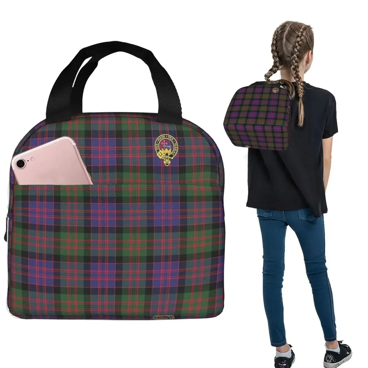 Bolsa térmica para el almuerzo con diseño de tartán del clan McDonald y MacDonald con insignia de Faelee, para mujeres y niños, caja térmica para alimentos, bolsa térmica para el almuerzo