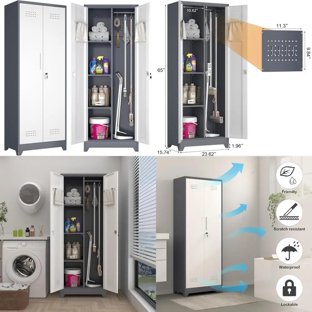 ตู้เก็บอุปกรณ์ทำความสะอาดโลหะสูง 65 นิ้ว พร้อมแผ่นเพ็กบอร์ดและราวแขวน สำหรับจัดระเบียบอุปกรณ์ทำความสะอาดอย่างมีประสิทธิภาพ