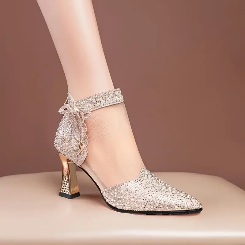 New Fashion Mesh Breathable Rhinestone High Heel Boots Elegant Pointed Toe Dress Pumps Women Banquet Wedding High Heels Size 42