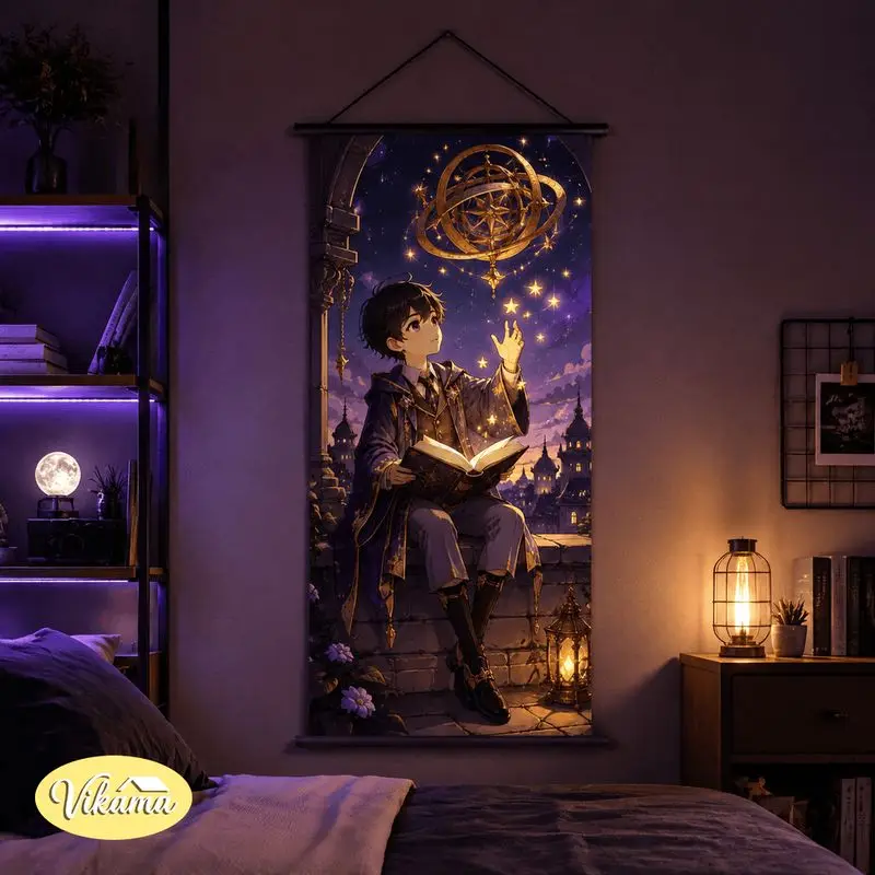 VIKAMA Anime Wizard Boy Tapestry Celestial Starry Sky Astrolabe Art Wall Hanging for Bedroom Living Room Aesthetic Home Decor