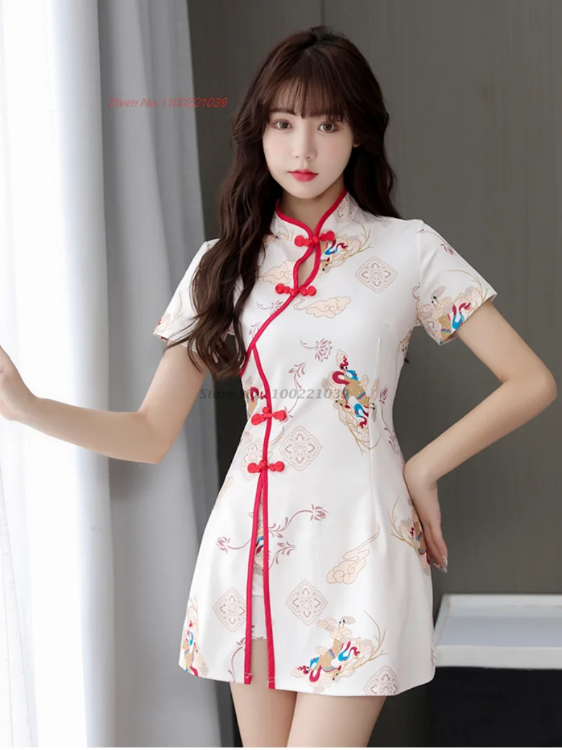 

2024 chinese nightclub dress improved qipao cheongsam national flower print qipao dress+shorts set hotel spa work dress qipao