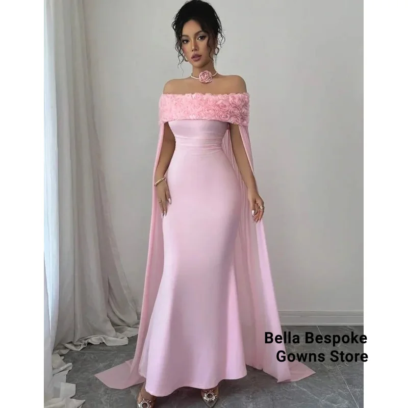 Robe de bal rose Sexy saoudienne personnalisée pour femmes, épaules dénudées, motif Floral, longueur au sol, robes d'occasion formelles