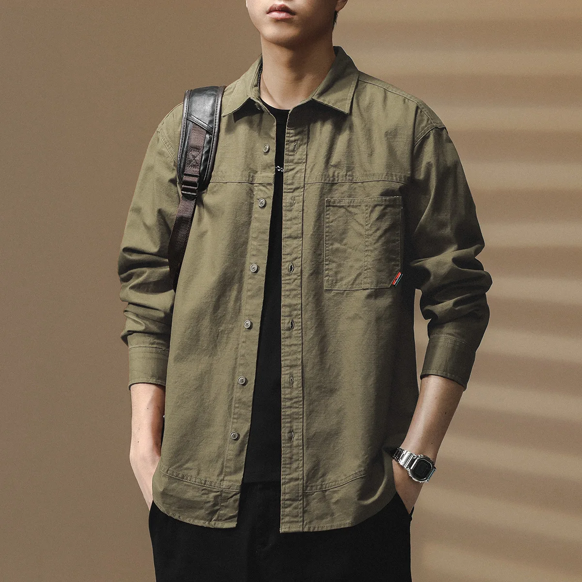Men Brown Green Khaki Solid Color Simple Basic Casual Trendy Daily Heavy Duty Turn-down Collar Long Sleeve Cargo Shirts Male