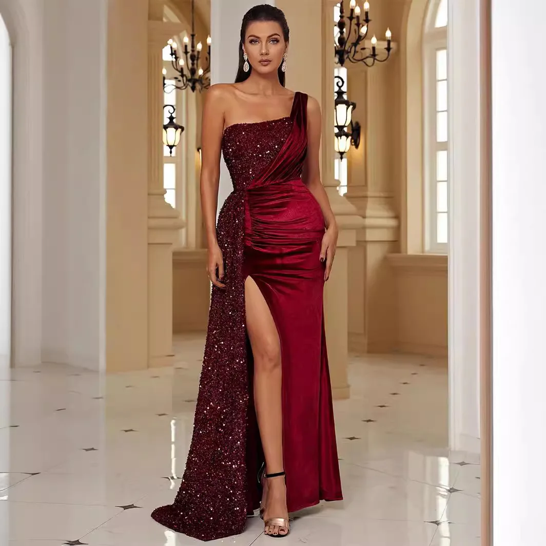 Light Luxury Sequin Split Evening Party Dress Women Elegant One Shoulder Draped Prom Gala Dress Formal Bridesmaid Gown Dress