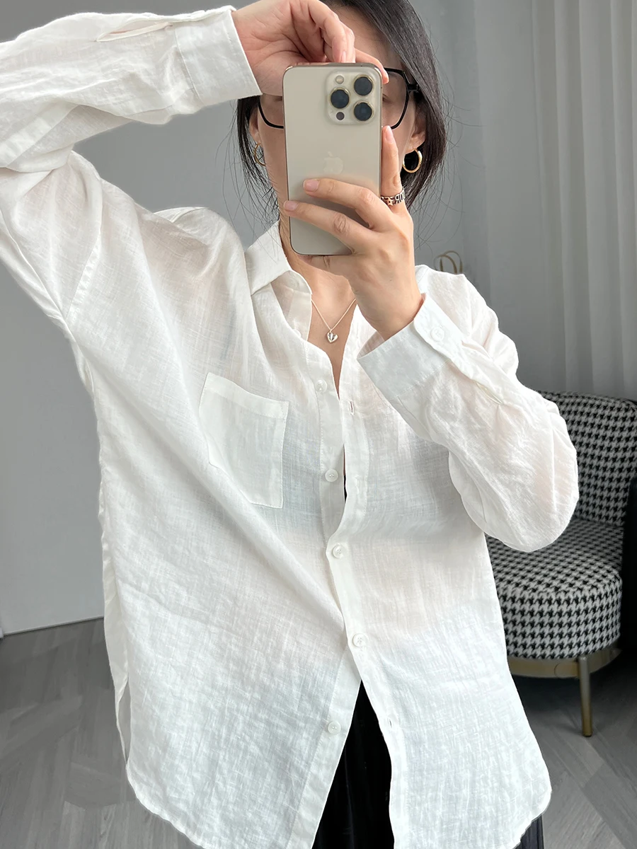 

Korean Fashion Lady Spring Summer Ramie Blouse Sheer Breathable Cool Loose Long Sleeves Single Breast Women Shirt