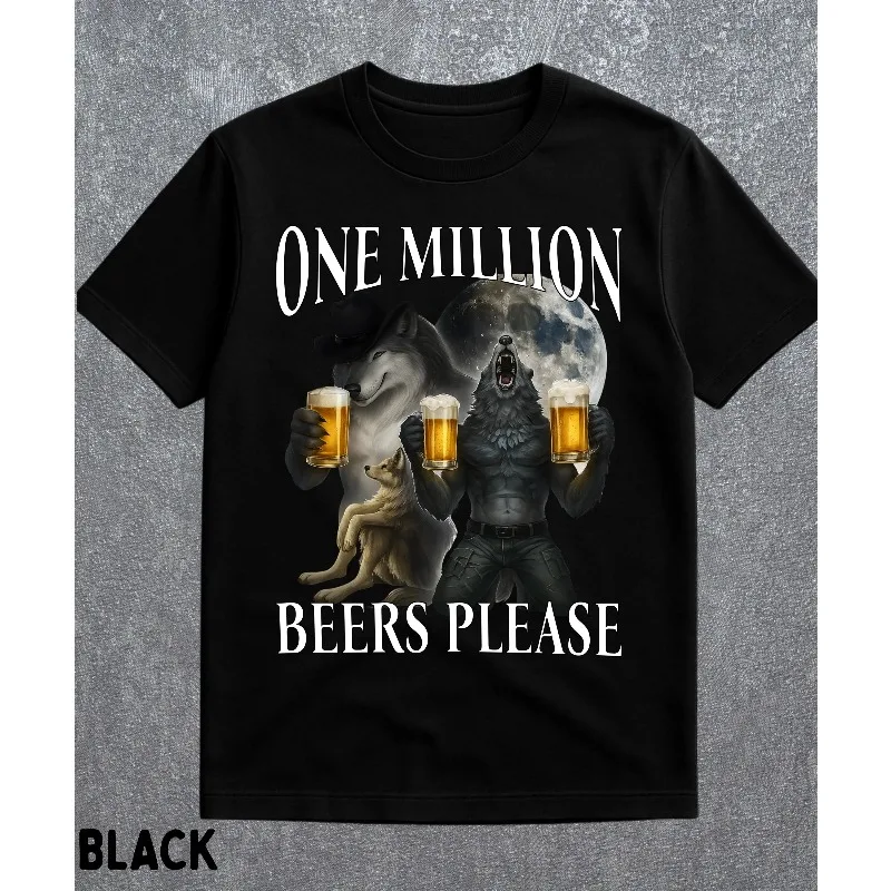 Camiseta One Million Beers Wolf Meme, Camiseta con meme de hombre lobo, Camiseta de humor oscuro y atrevido, Camiseta con meme maldito, Camiseta divertida de cerveza