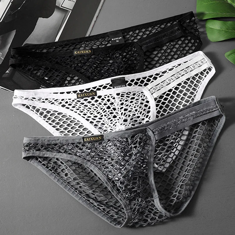 

Men's Briefs Hollow Mesh Low Waist Underwear Summer Thin Ice Silk Pouch Panties Sexy Breathable Underpants Knickers Bikini Slip
