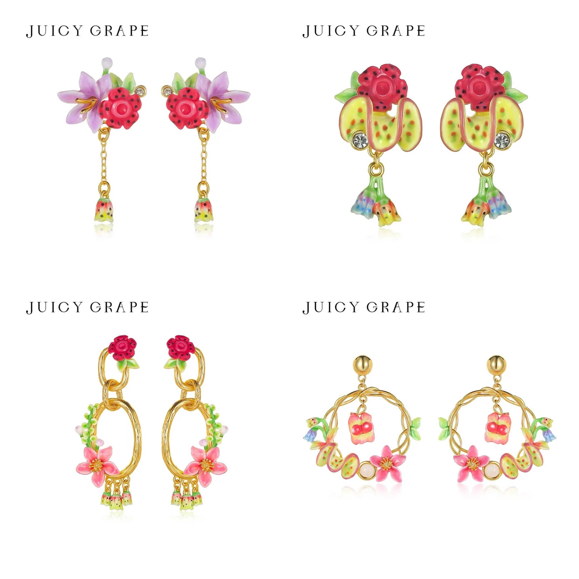 

Серьги-гвоздики и серьги-подвески с цветами тропических цветов и лепестками в стиле Juicy Grape — элегантные украшения для женщин и девушек.
