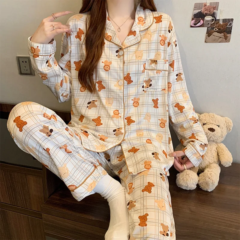 

Cute Little Bear Full Printed Plaid Sleepwear for Girls in Spring, New Long Sleeved Long Pants Loose Suit Home Clothes