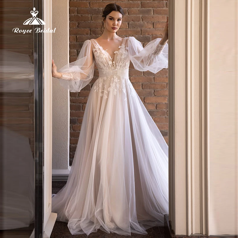 Boho a-line abiti da sposa per le donne principessa scollo a v manica a sbuffo bottone posteriore Appliques di pizzo abiti da sposa Sweep robe de mariée