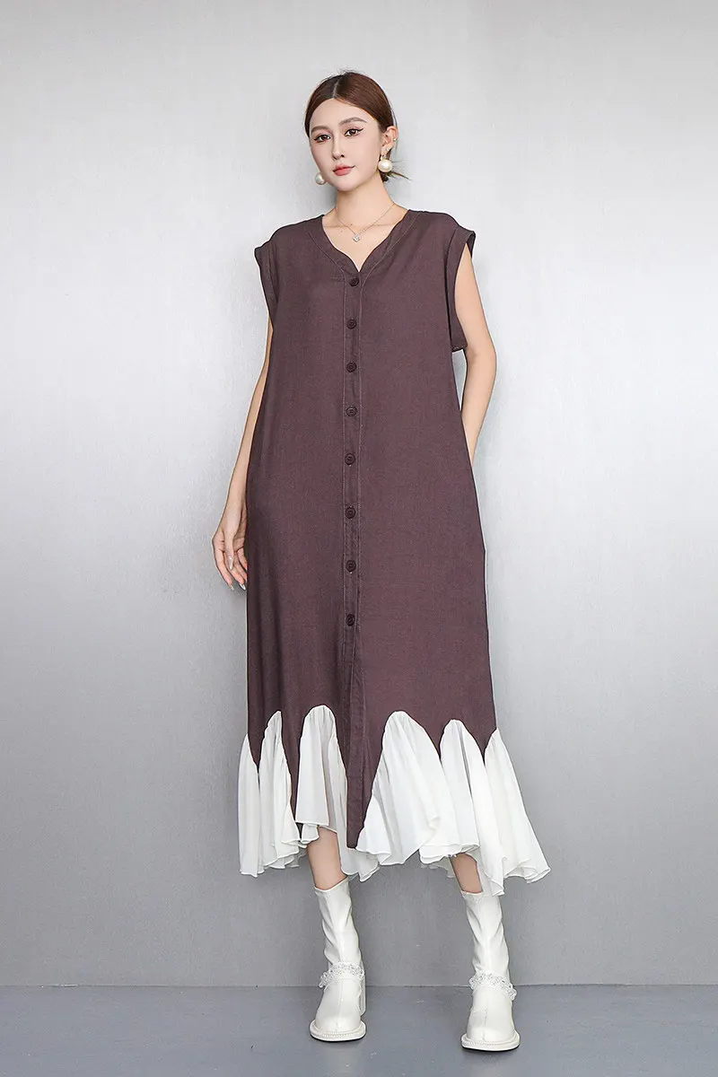 

Новое летнее элегантное свободное платье-макси с пэчворком для женщин, повседневное, с коротким рукавом, контрастных цветов, оптом J2210