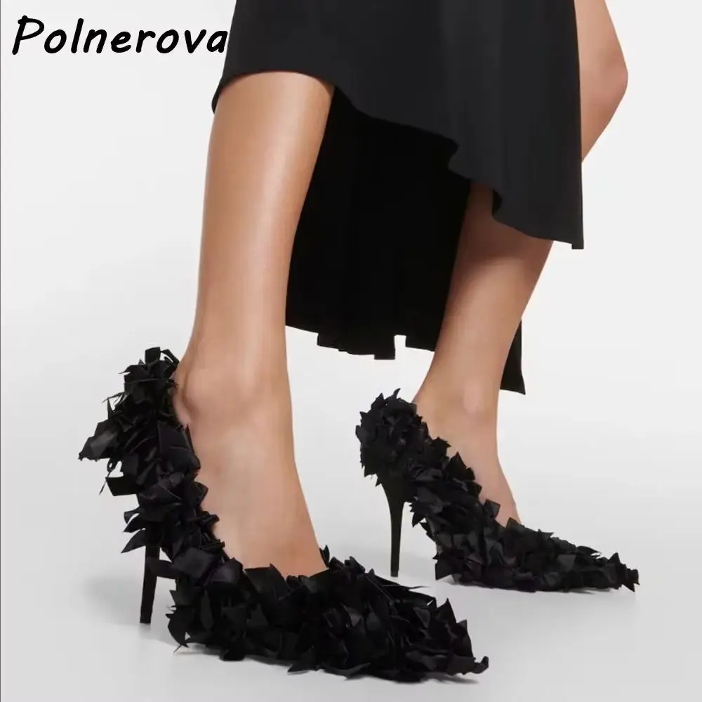 

Черные атласные туфли-лодочки с бантиками и лентой, плиссированные, с острым носком, на тонком каблуке, однотонные туфли без шнуровки, летняя мода, пикантные банкетные элегантные модельные туфли