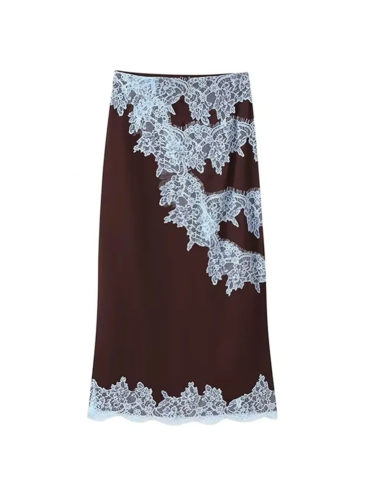 

HH Fashion Woman Lace Patchwork V-Neck Decoration Casual Short Top+Summer Elegant Mid Waist Zipper Midi Skirt Suit Mujer