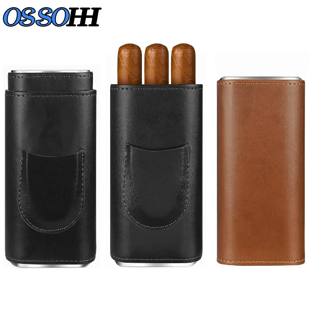 1PCS Classic Black/Brown Leather 3 Fingers Cigar Case with Cedar Wood Lining, Jacket Pocket Suitable Travel Cigar Humidor