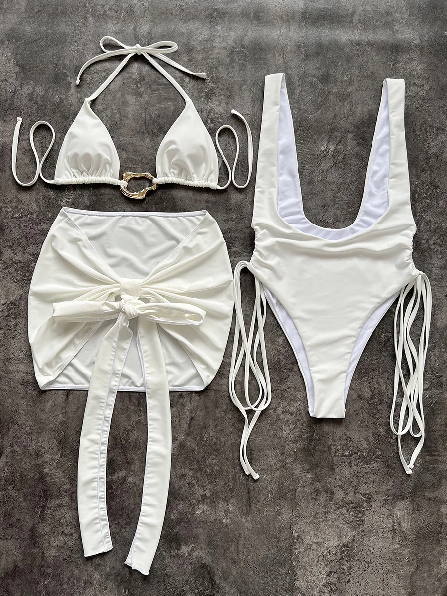 

With Skirt Halter Metal Ring Bikini Women Swimwear Female Swimsuit Three-pieces Bikini Set Tassel Bathing Suit Swim Beachwear