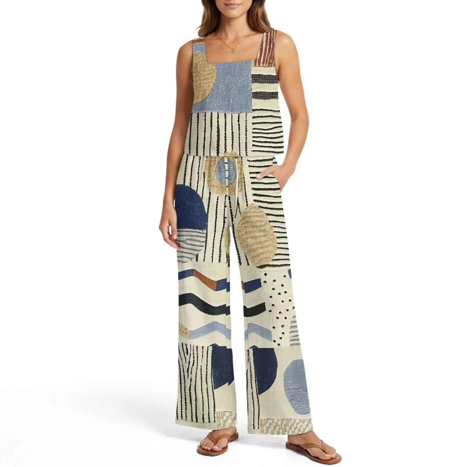 INSTANTARTS Women’s Linen Vest Set Women’s Wide-leg Trousers Lightweight Breathable Soft Comfortable Quick-dry Outfit Abstract view 3