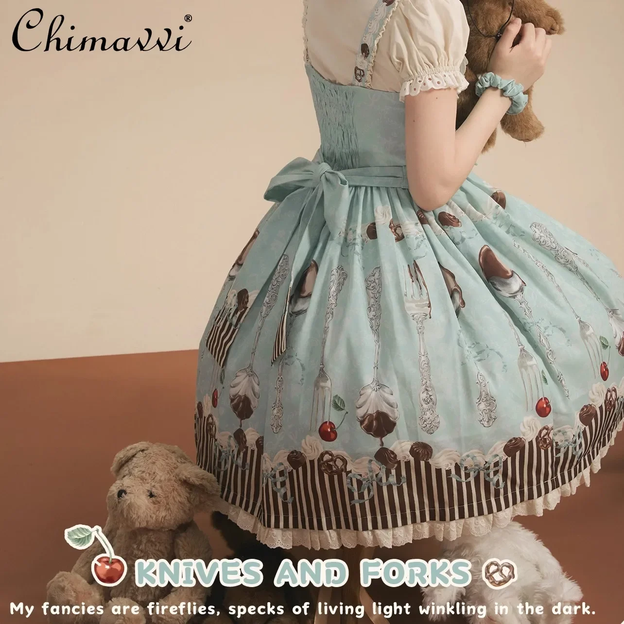 Vestidos de Lolita de diseño Original para niña, vestido Jsk de cintura alta con estampado de lazo bonito, vestidos verdes Kawaii para primavera y otoño